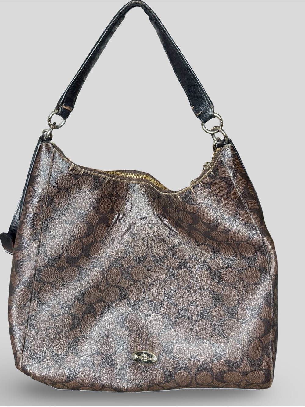 Coach Brown Signature Canvas Hobo Shoulder Bag with Black Strap